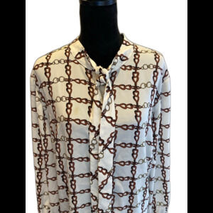Talbots Blouse Chain Link Cream  Sz 3X Button Down  Top Tie@ Neck Cuffed Sleeve